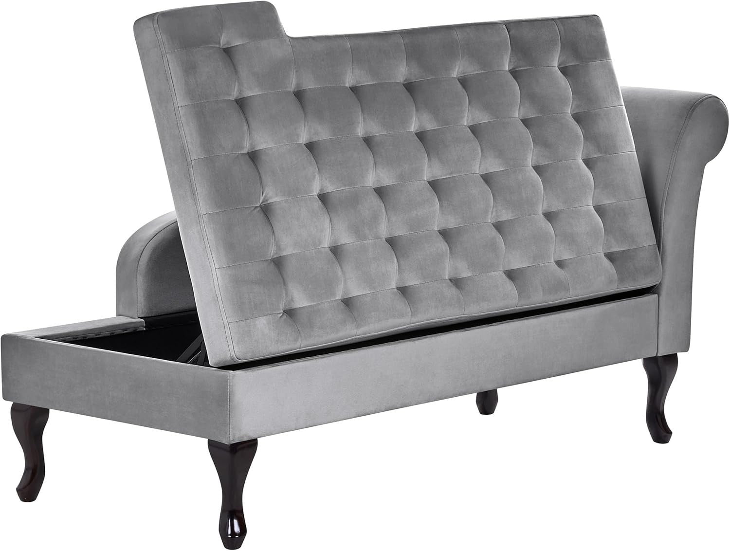 Grey Velvet Storage Chaise Lounge Right-Hand Sofa Seat 133cm Retro Style
