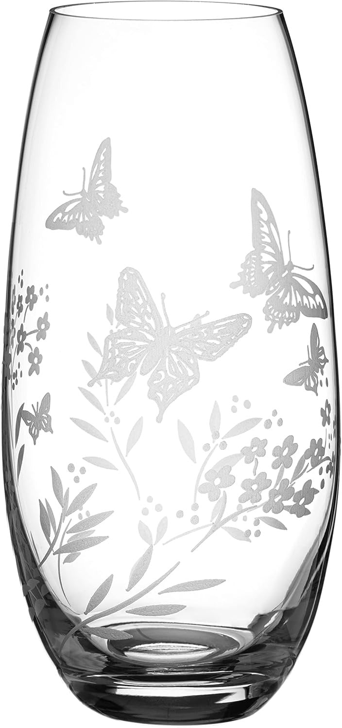 Crystal Glass Flower Vase 25cm Tall Etched Butterfly Floral Home Décor