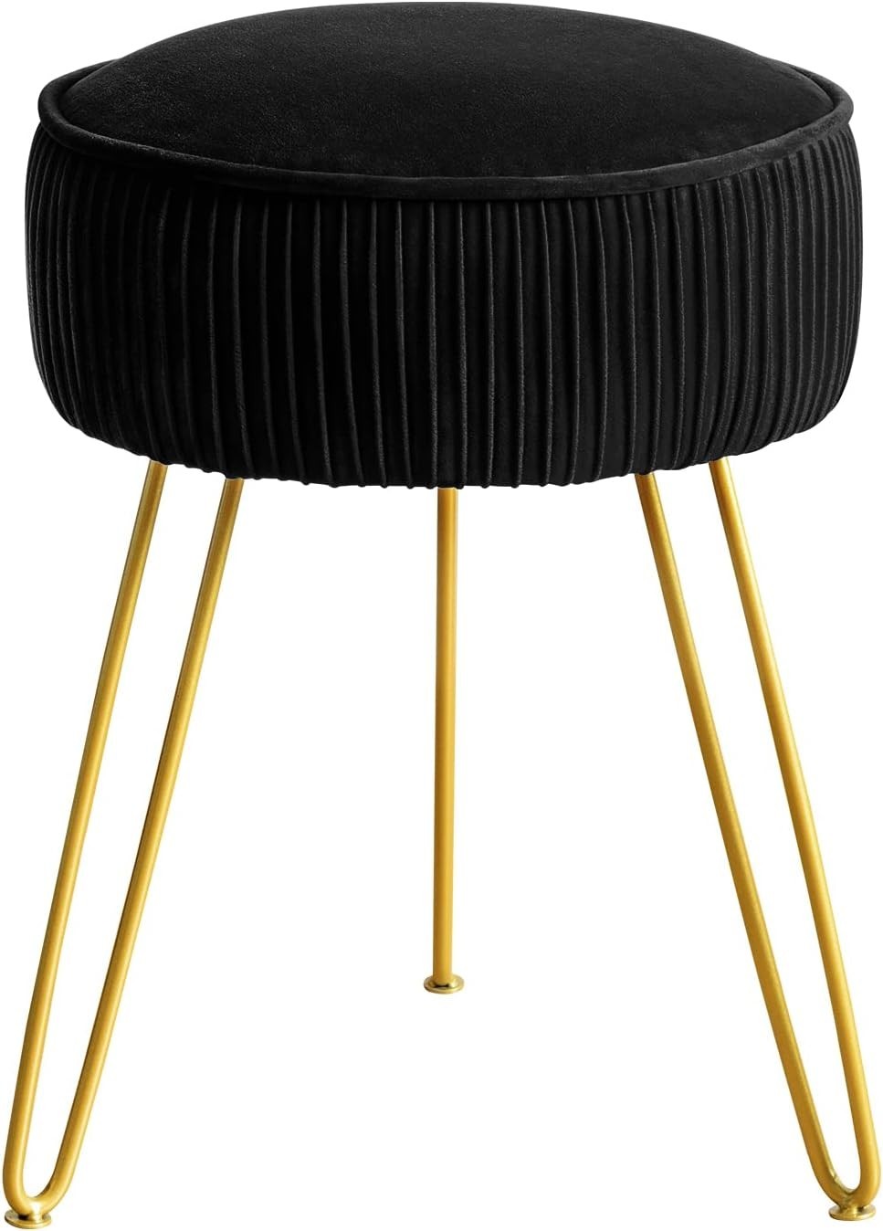 Black Velvet Pleated Vanity Stool Round Ottoman with Gold Metal Legs