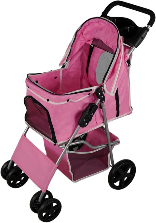Pink Pet Stroller Pushchair Foldable Dog Cat Pram 15kg with Brakes