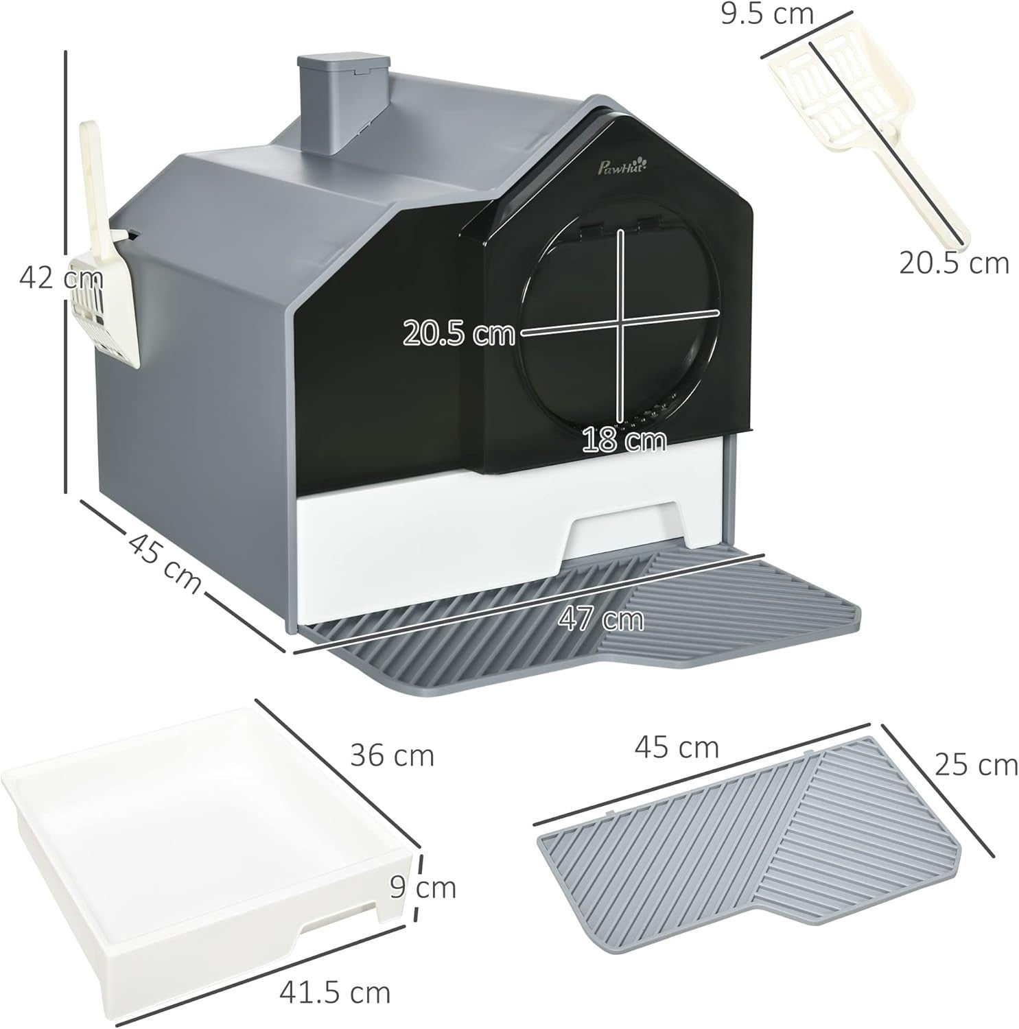 Hooded Cat Litter Box Drawer Tray Odor Control Scoop Grey Large