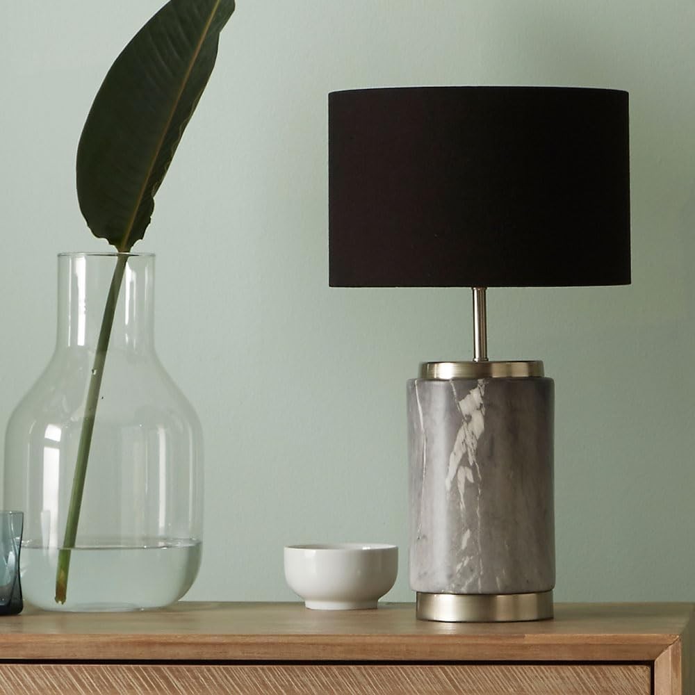 Tall Grey Marble Ceramic Table Lamp with Gold Detail & Black Drum Shade