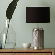 Tall Grey Marble Ceramic Table Lamp with Gold Detail & Black Drum Shade