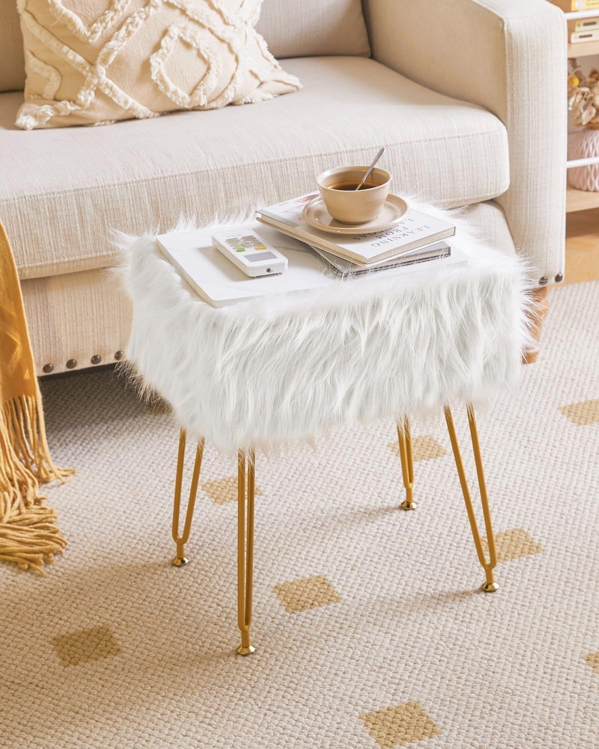 White Rectangular Faux Fur Vanity Stool with Storage & Gold Metal Legs