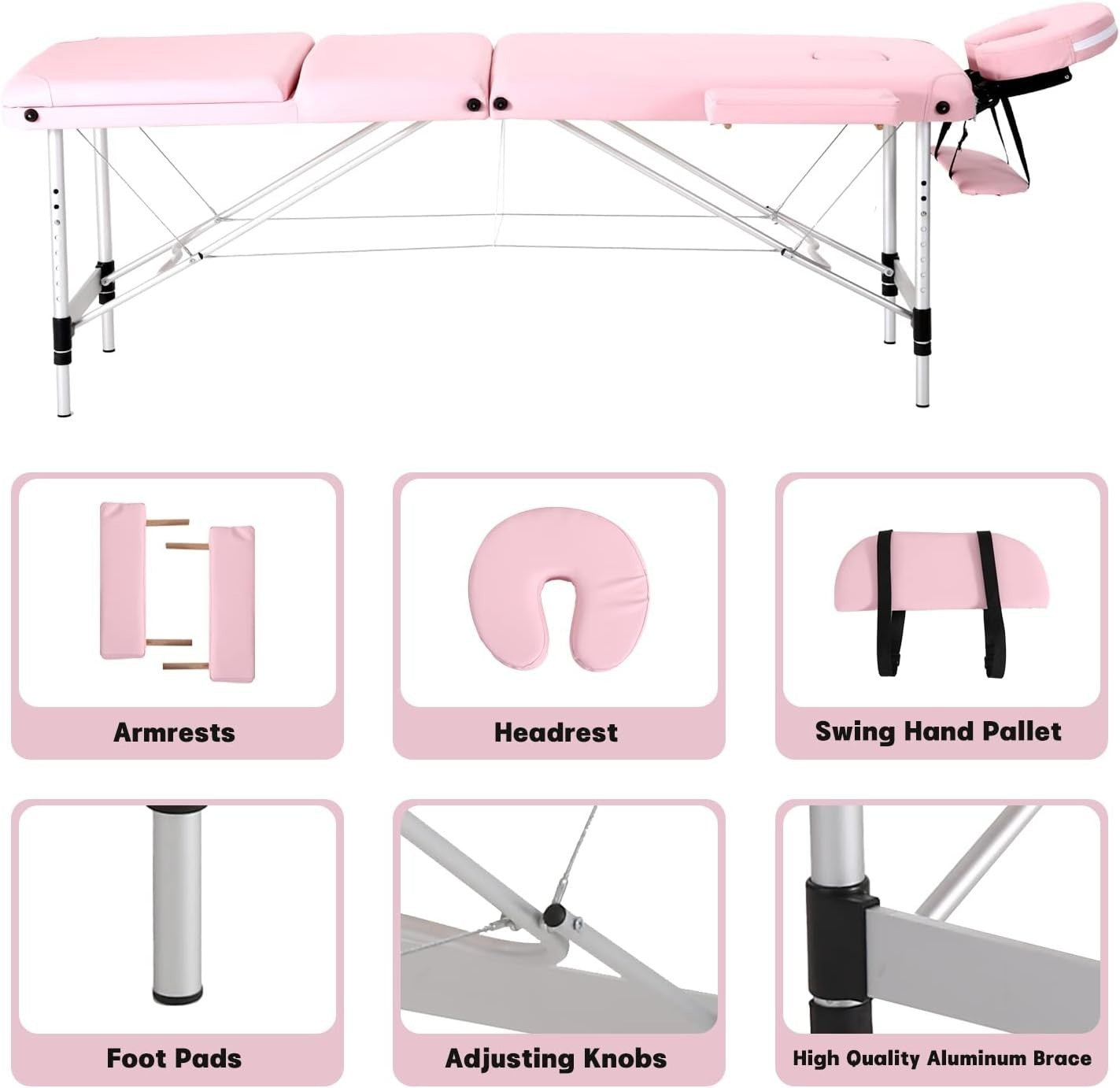Portable Massage Table Foldable 3-Section Aluminium Therapy Bed Backrest Pink