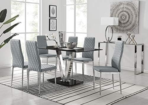 Modern Black Glass Dining Table Set with 6 Grey Chairs 140x80x75cm
