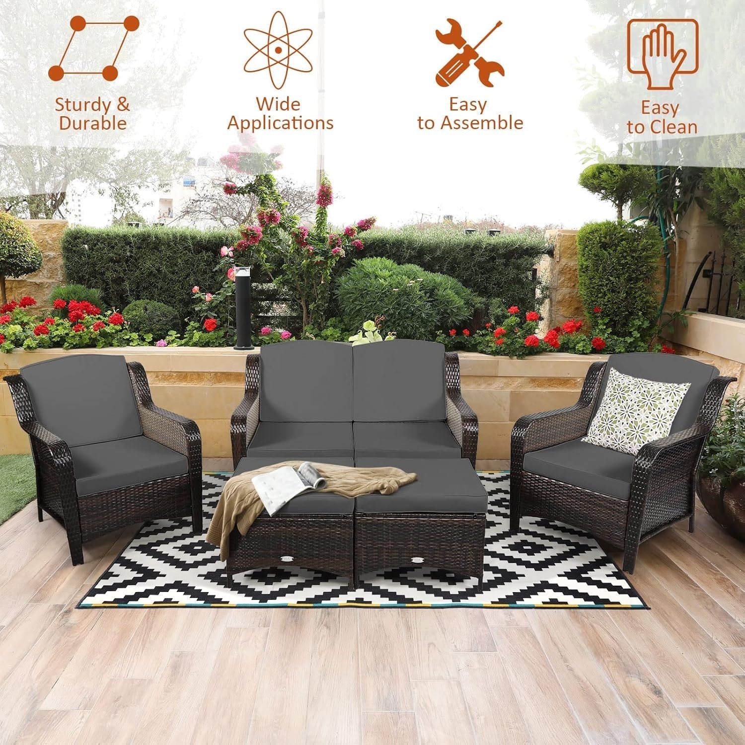 5-Piece Outdoor Rattan Patio Set with Loveseat, Sofas & Ottomans Grey