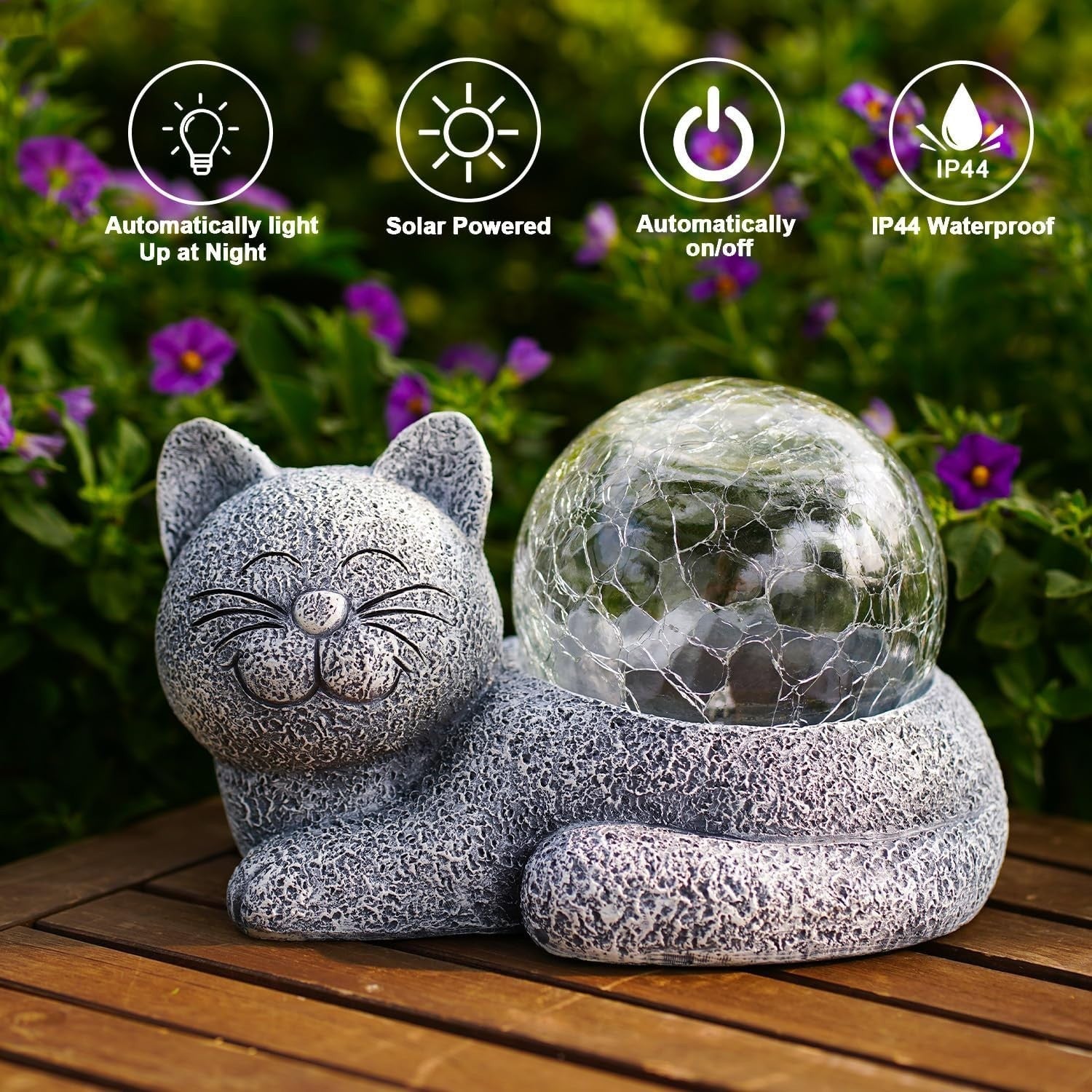 Solar Cat Garden Ornament with Crackle Ball Light – Waterproof LED Outdoor Decor