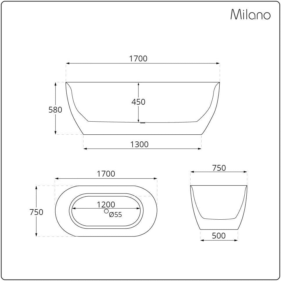 White Double Ended Freestanding Bath 1700x750mm Copper Overflow