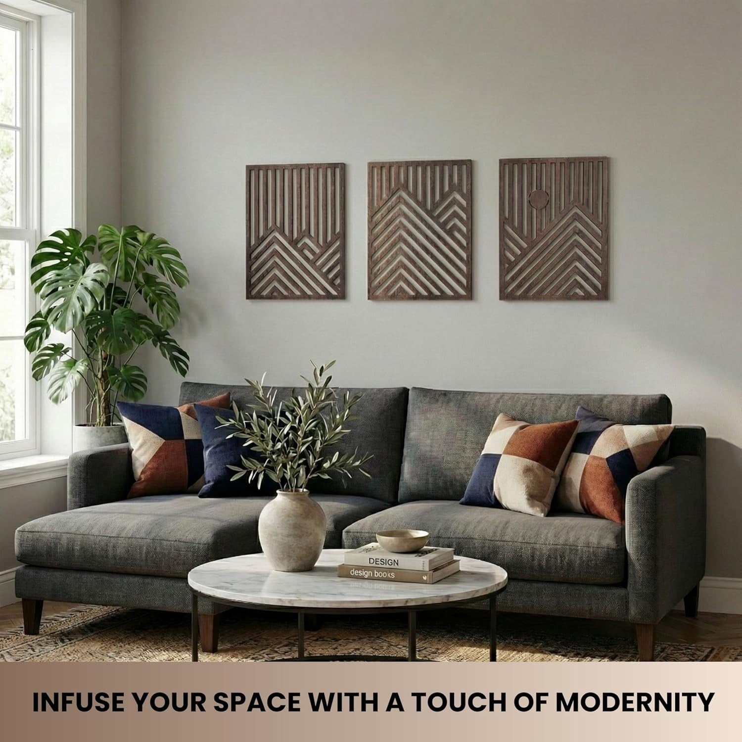 Modern Wooden Wall Art Set of 3 Large Mountain Sun Sculptures