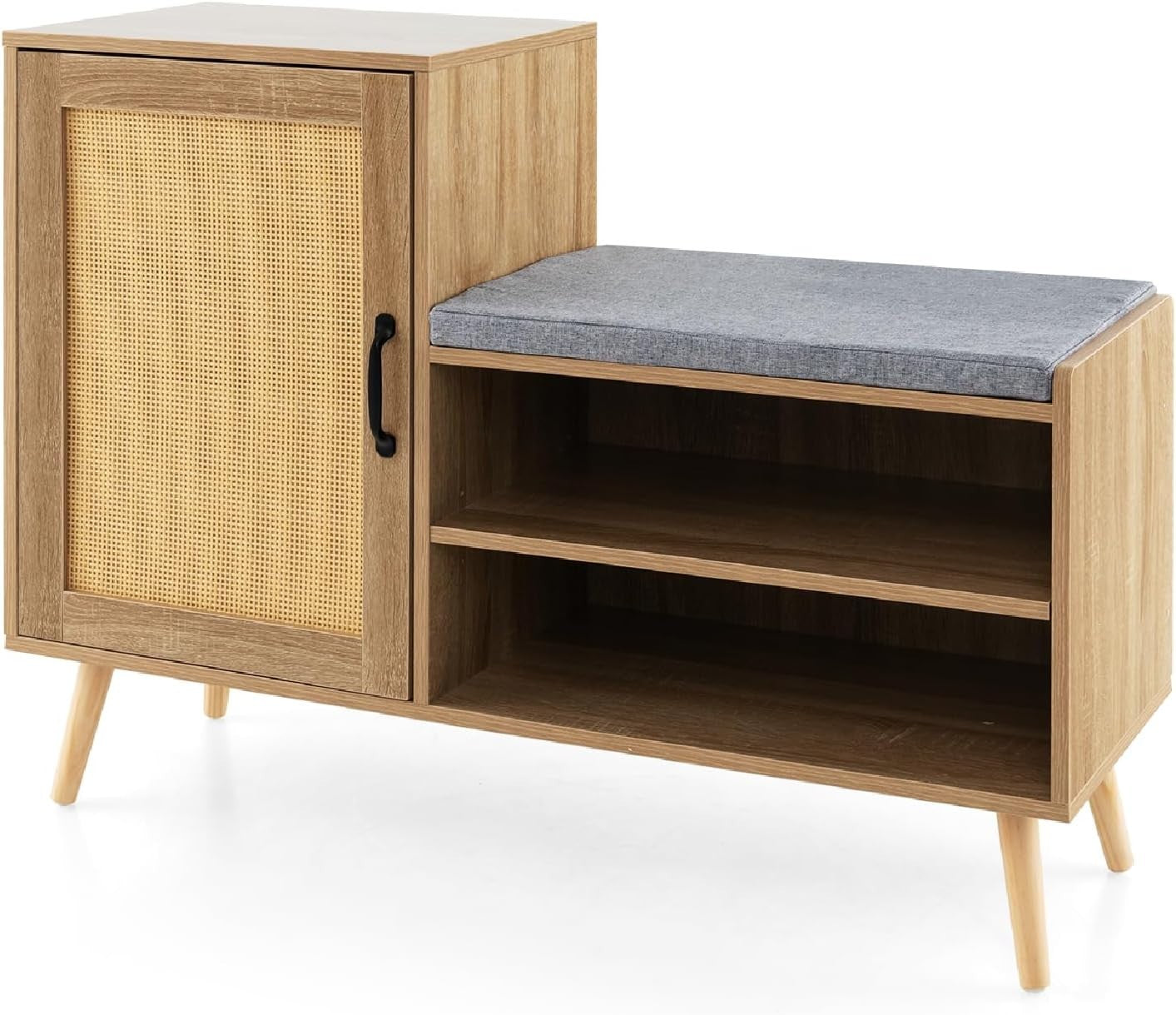 Rattan Shoe Cabinet Bench with Cushion Adjustable Shelves Pine Wood Legs Unit