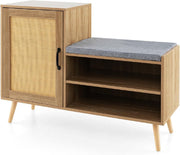 Rattan Shoe Cabinet Bench with Cushion Adjustable Shelves Pine Wood Legs Unit