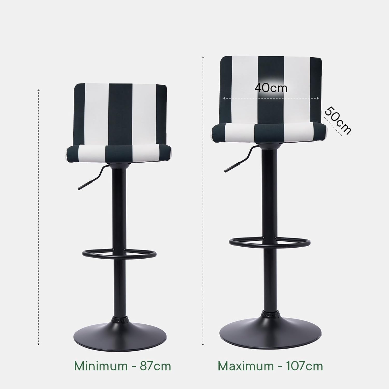 Set of 2 Adjustable Black & White Velvet Bar Stools with Swivel & Footrest