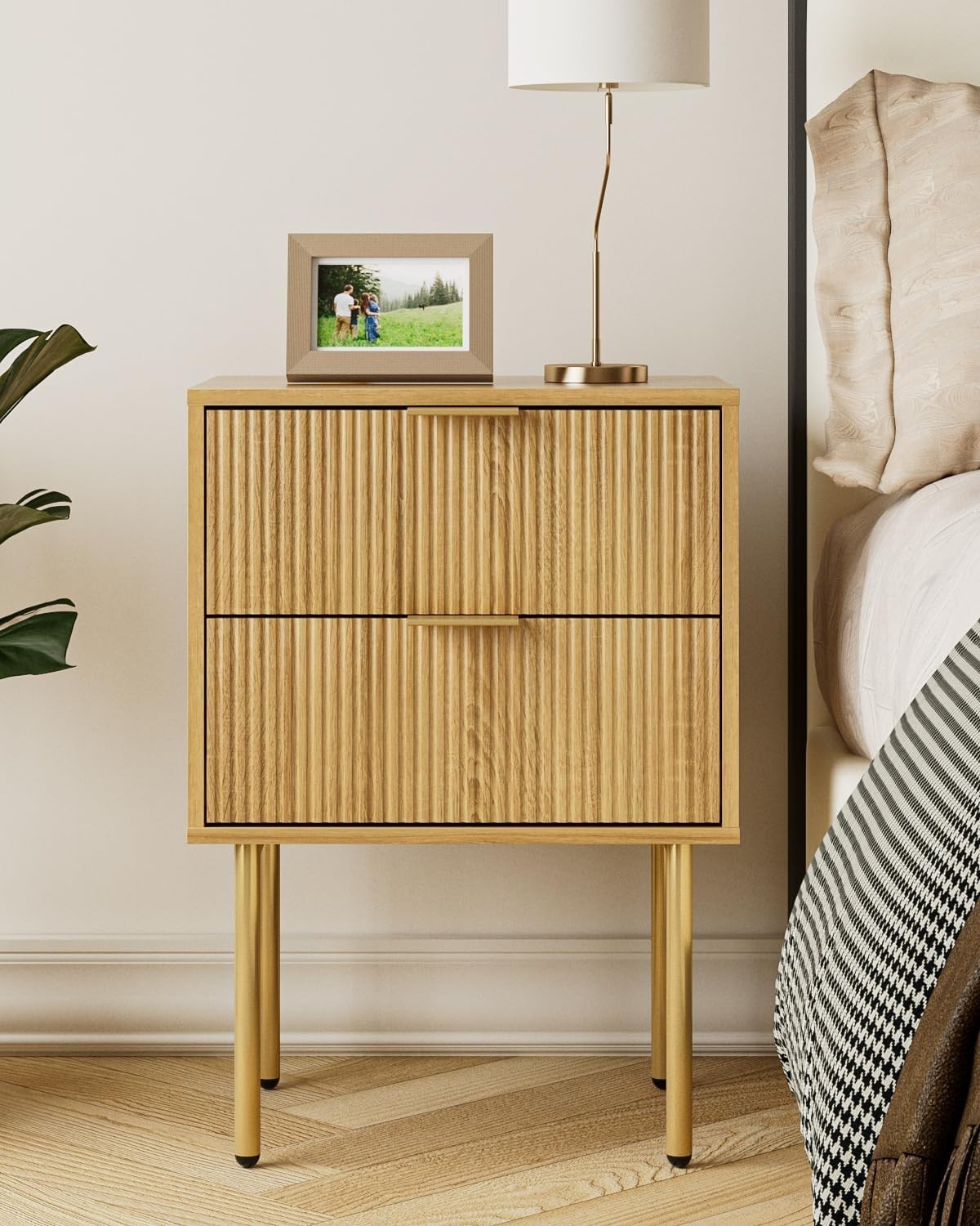 Modern Oak Bedside Table with 2 Drawers & Gold Legs | Wooden Nightstand
