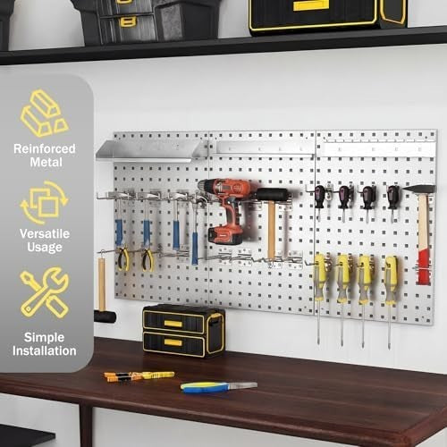 Silver Wall-Mounted Pegboard 120x60cm 28-Piece Tool Organizer Kit