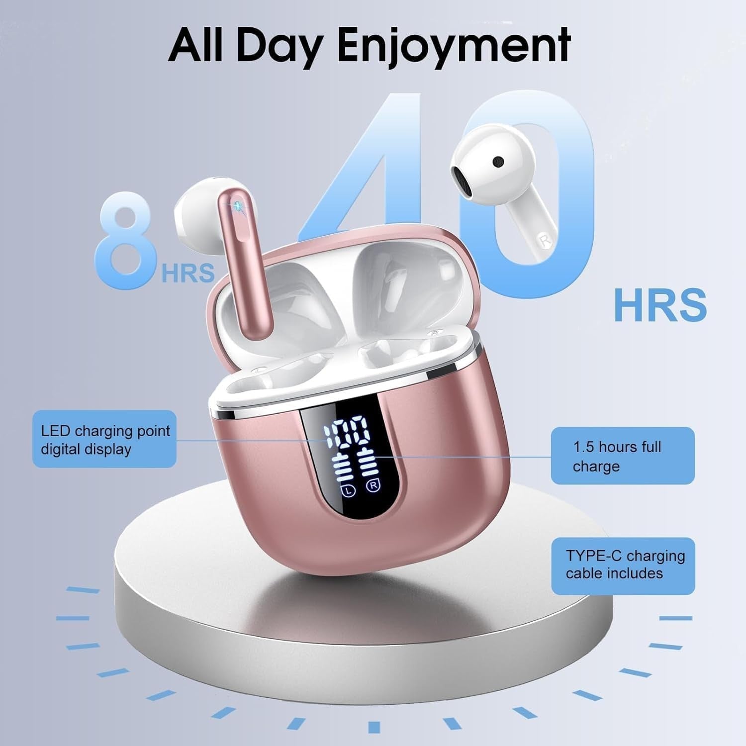Rose Gold Bluetooth 5.4 Earbuds ENC Noise Cancelling HiFi Sound 40H Playtime