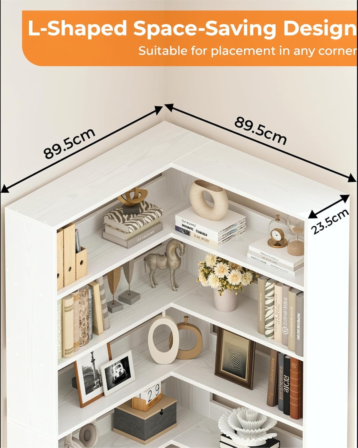 Tall White Corner Shelf Unit 6 Tier L-Shaped Bookcase Display Storage Rack