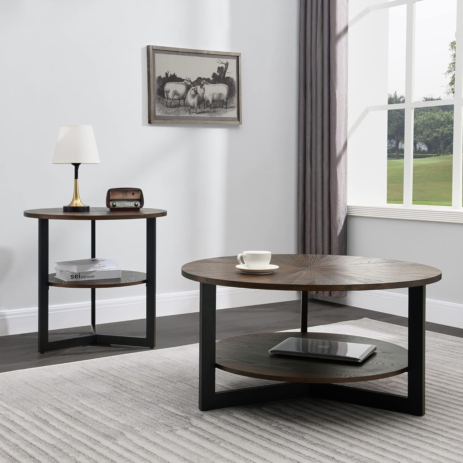 Round 2-Tier Rustic Brown Solid Wood Coffee Table with Storage 85cm