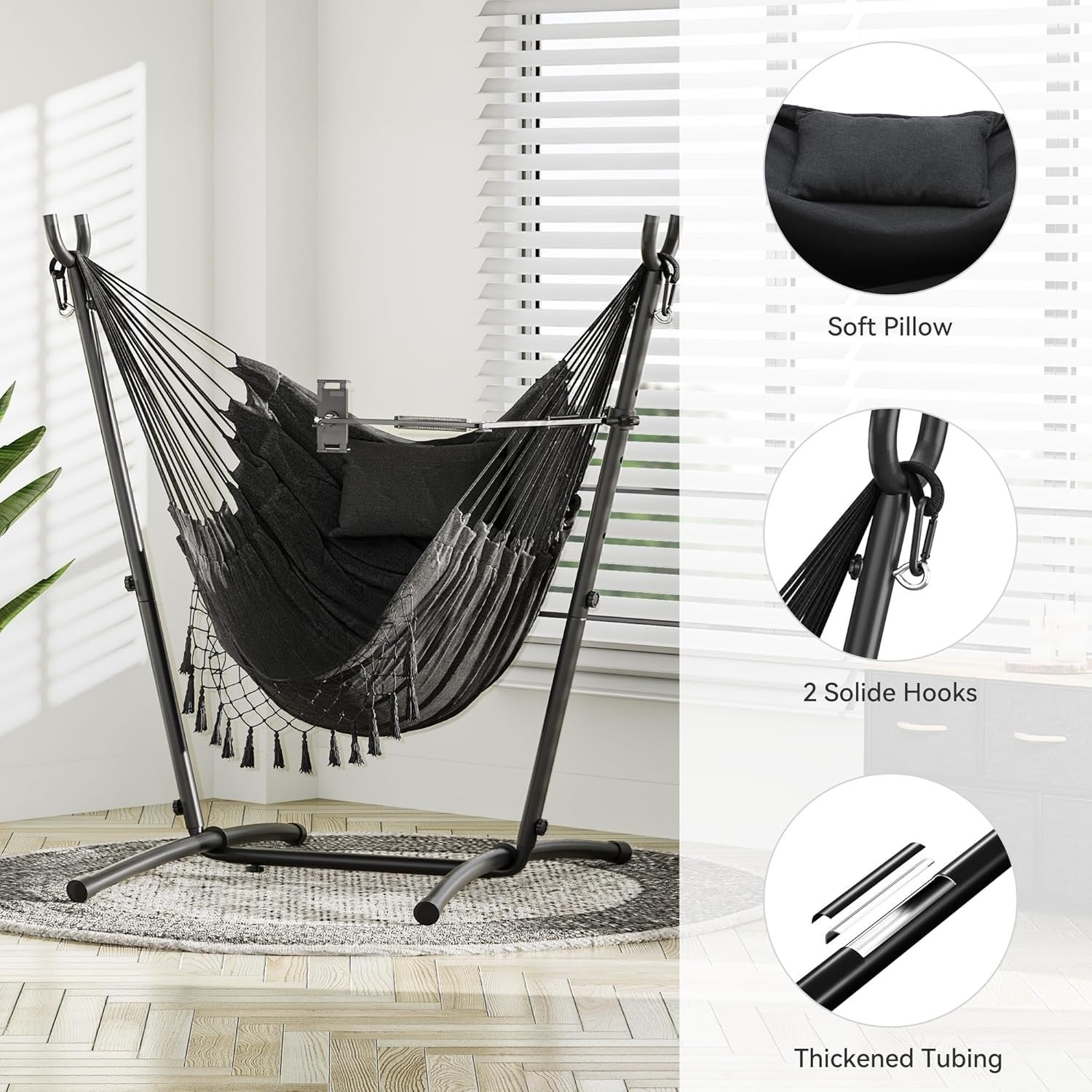 Heavy-Duty Outdoor Hammock Chair with Stand, Adjustable Phone Holder, 158x110x14