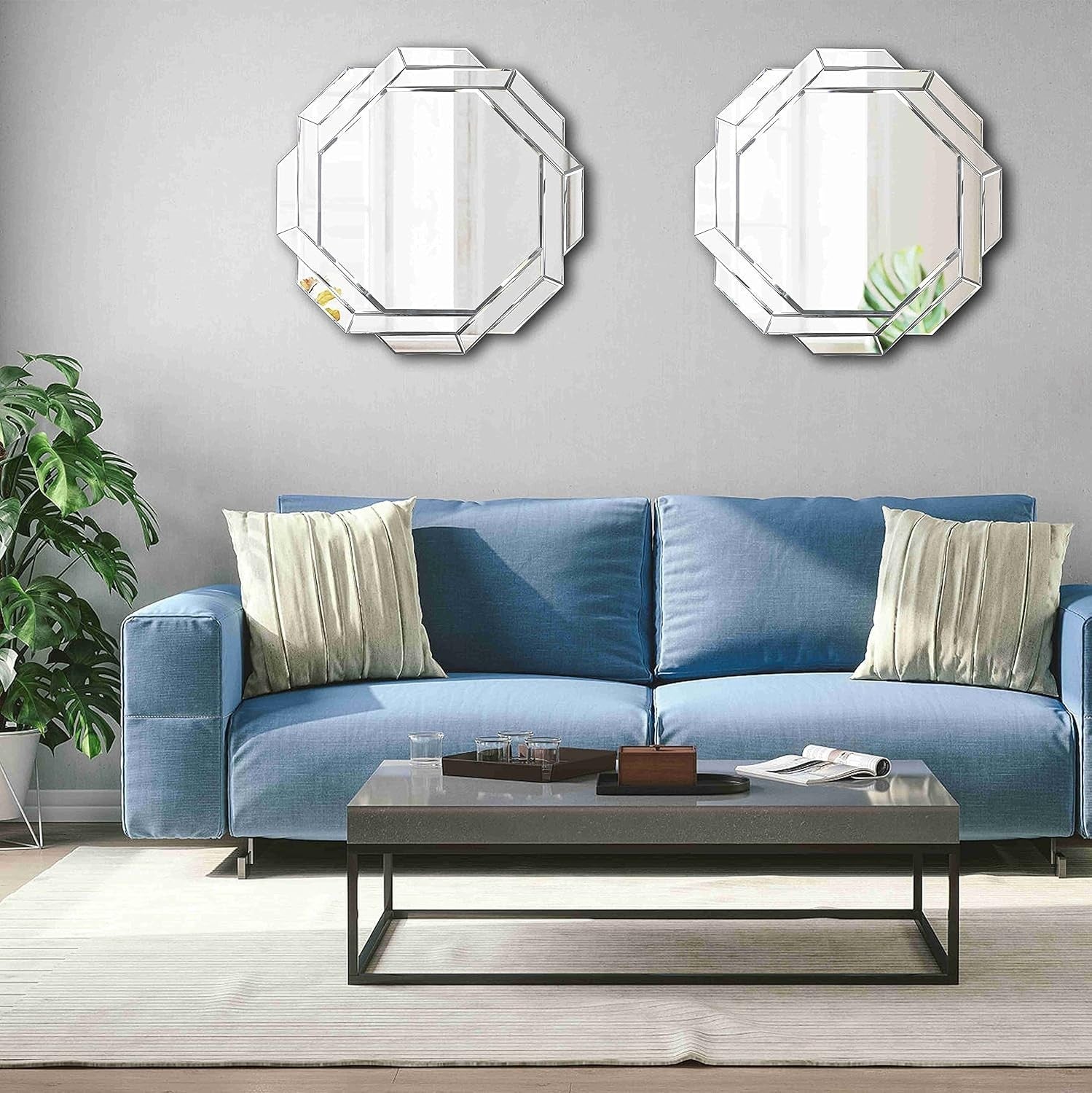 Hexagonal Frameless Wall Mirror 80x80cm, Sleek Silver Beveled Design