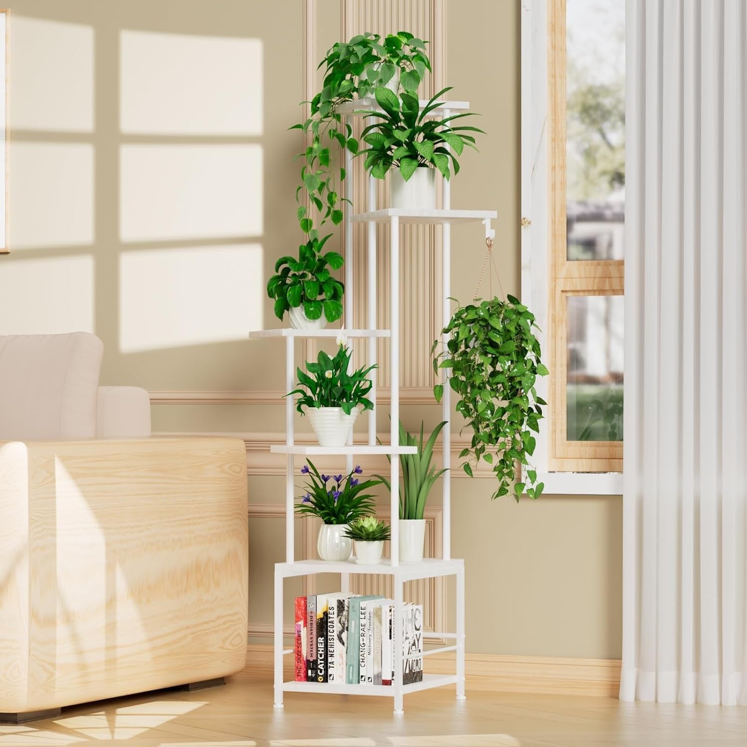 6 Tier White Metal Plant Stand with Grow Lights, Tall Indoor Flower Shelf