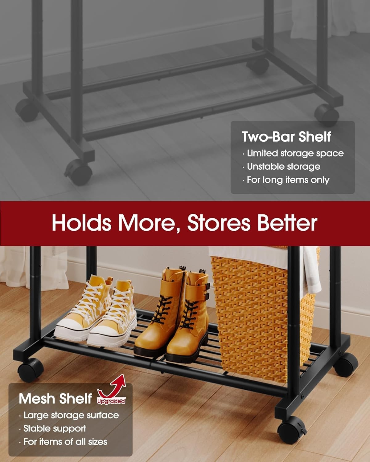 Double Rod Clothes Rail with Shelf & Hooks – Black 150cm