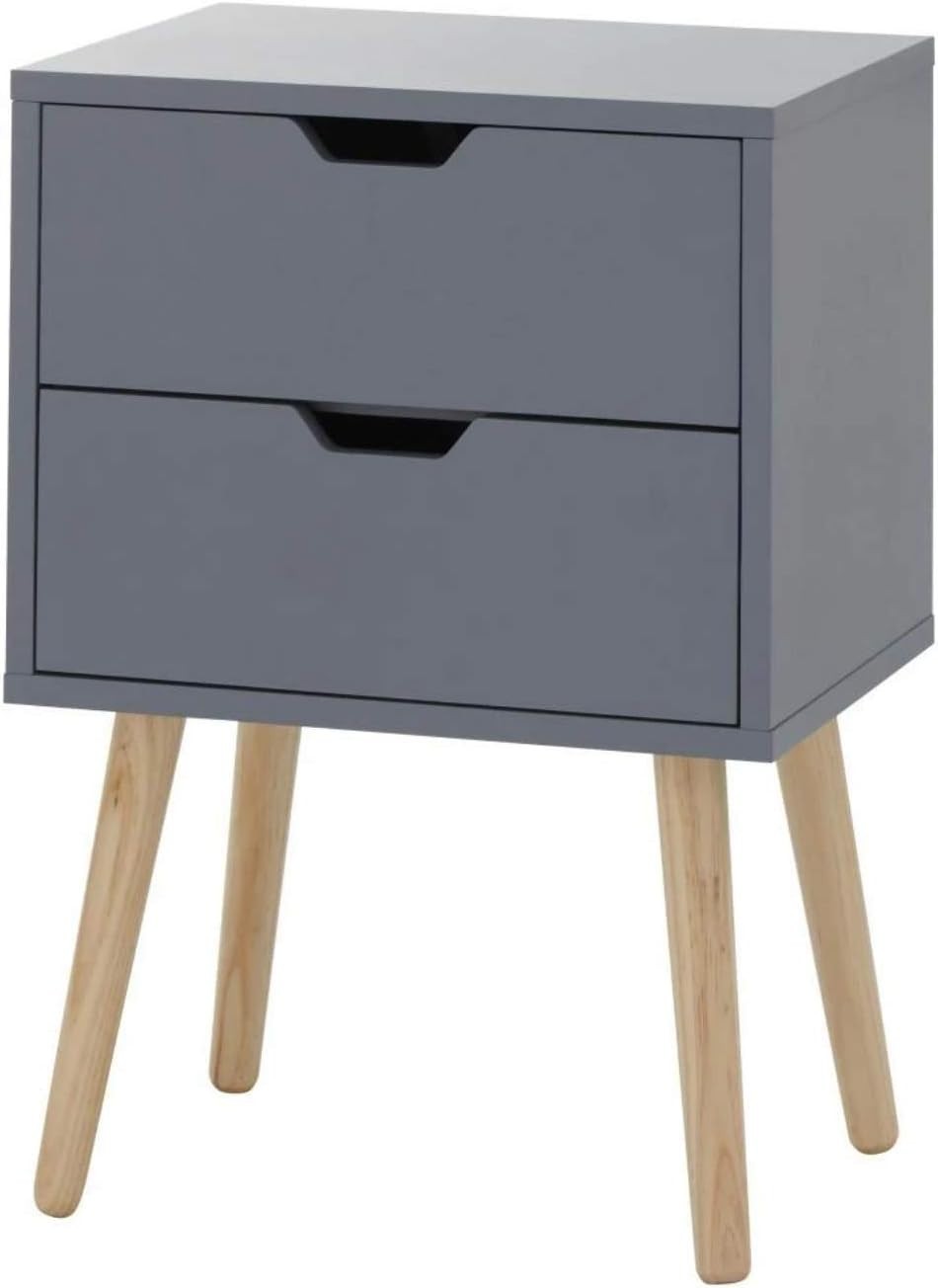 Set of 2 Modern Dark Grey Bedside Tables with 2 Drawers & Wooden Legs