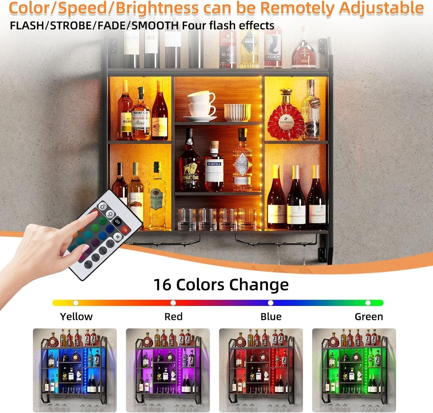 Wall Mounted LED Wine Rack Bar Shelf with Glass Holder Modern Metal Display