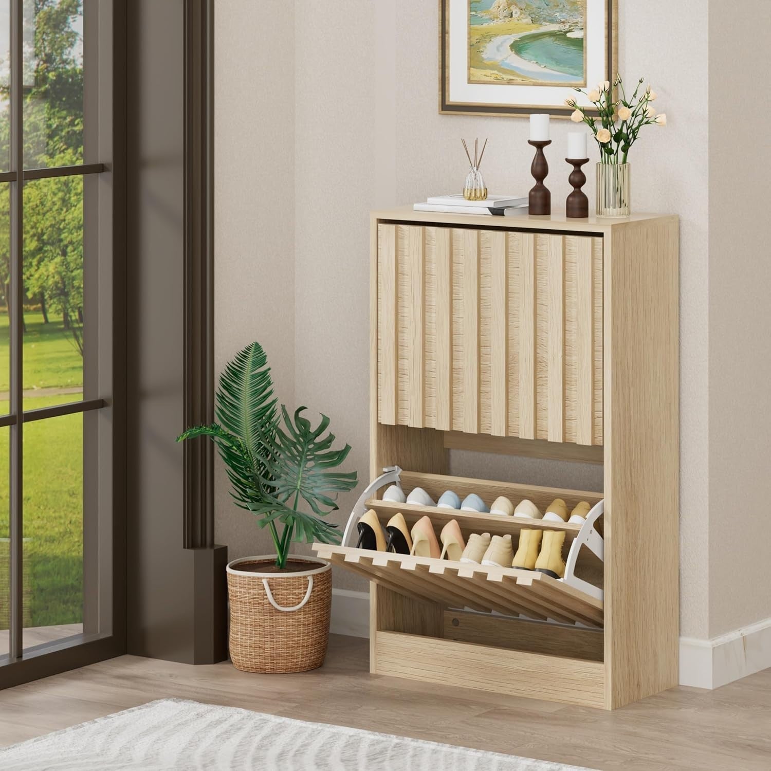 Slim Wooden Shoe Storage Cabinet 2 Flip Drawers Ventilated Modern Unit