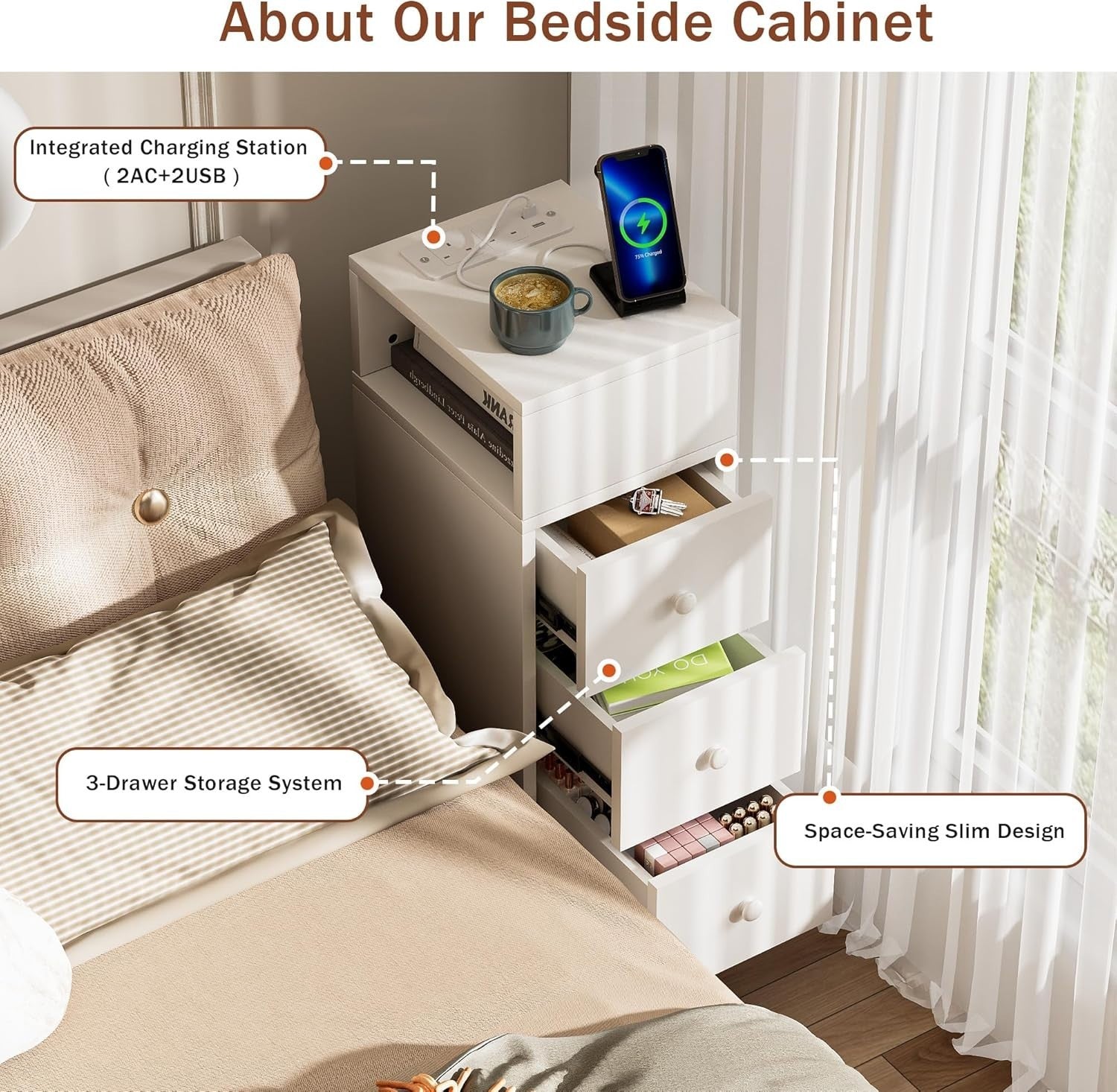 Slim White 3 Drawer Bedside Table with Charging Station | Modern Bedroom Storage