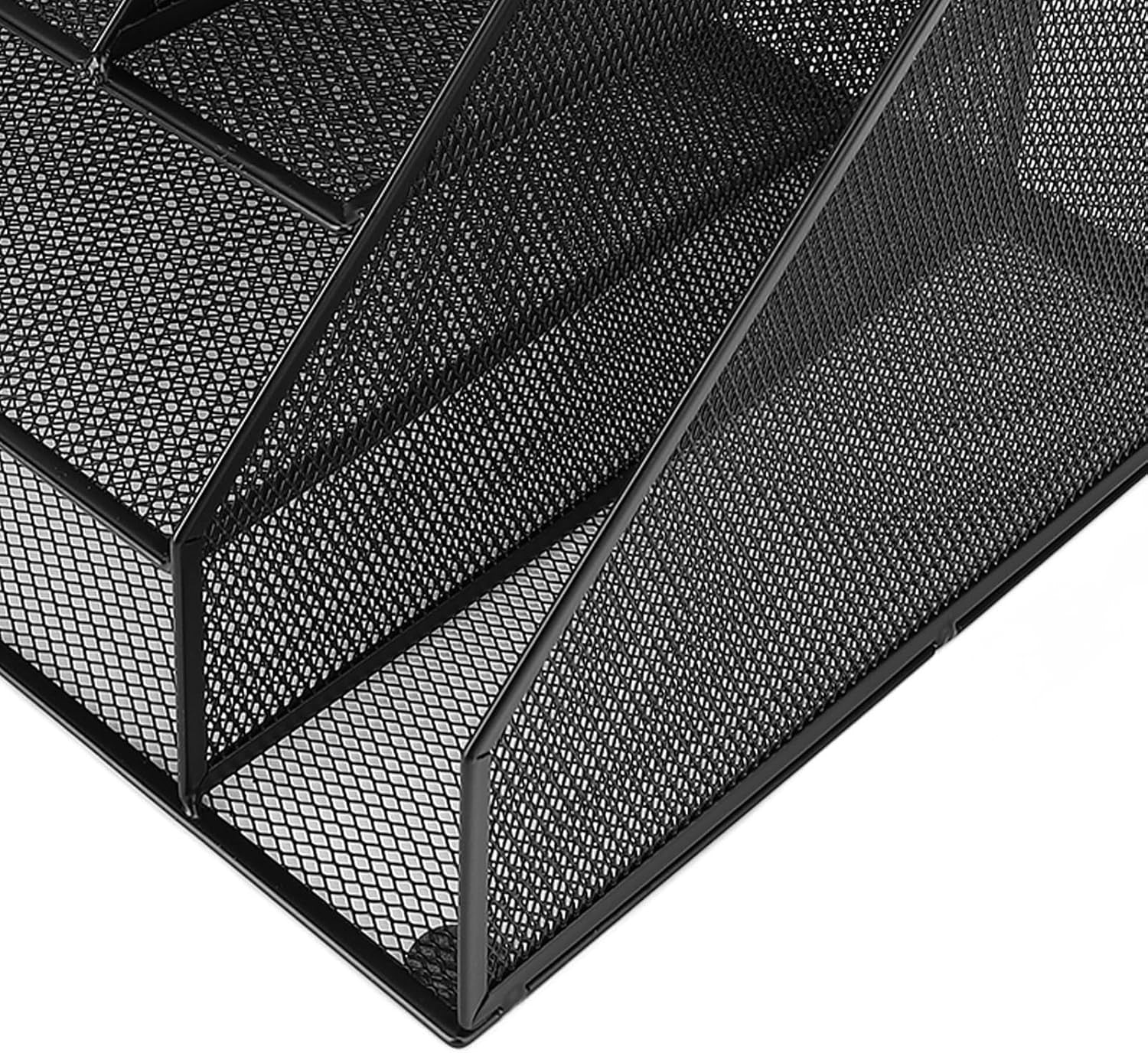 3-Tier Desk Organizer with Pen Holders & File Rack – Metal Mesh Storage