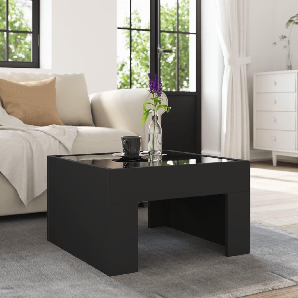 Black LED Coffee Table with Infinity Mirror RGB Lights | Modern Glass Top 70x50x