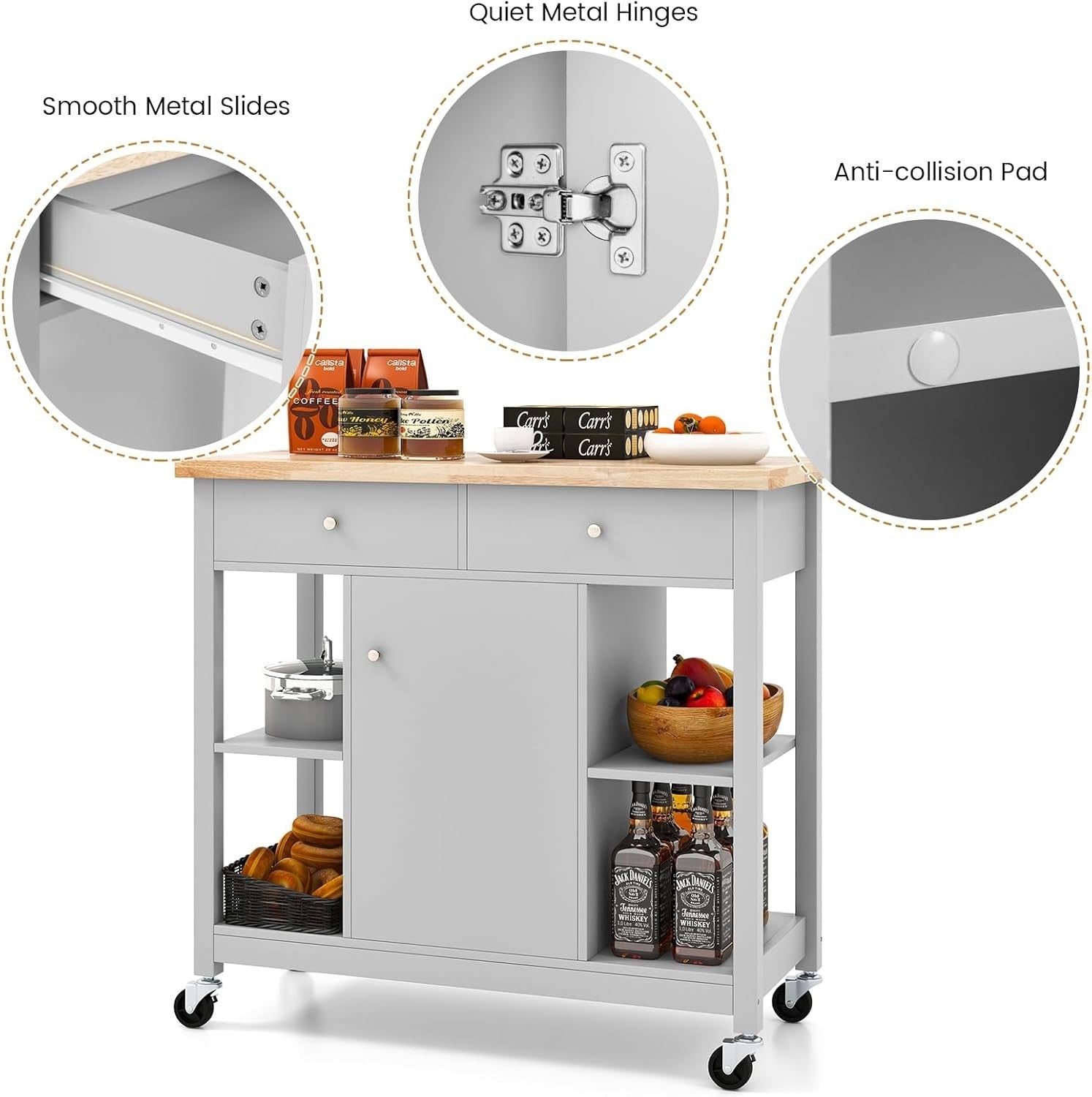 Kitchen Island Trolley with Drawers & Adjustable Shelf Grey 99x46x90cm