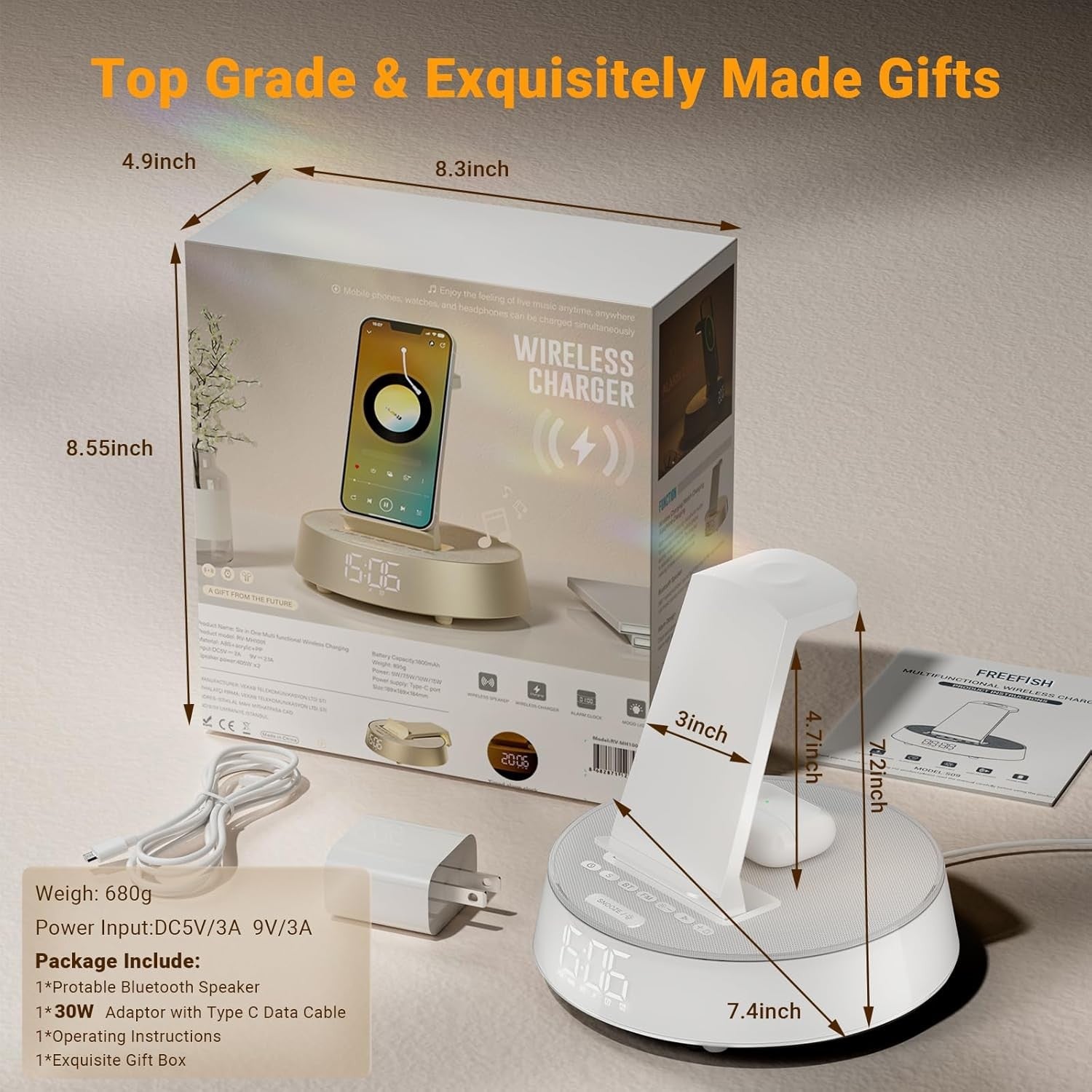 Wireless Charging Alarm Clock Bluetooth Speaker Night Light Fast Charger