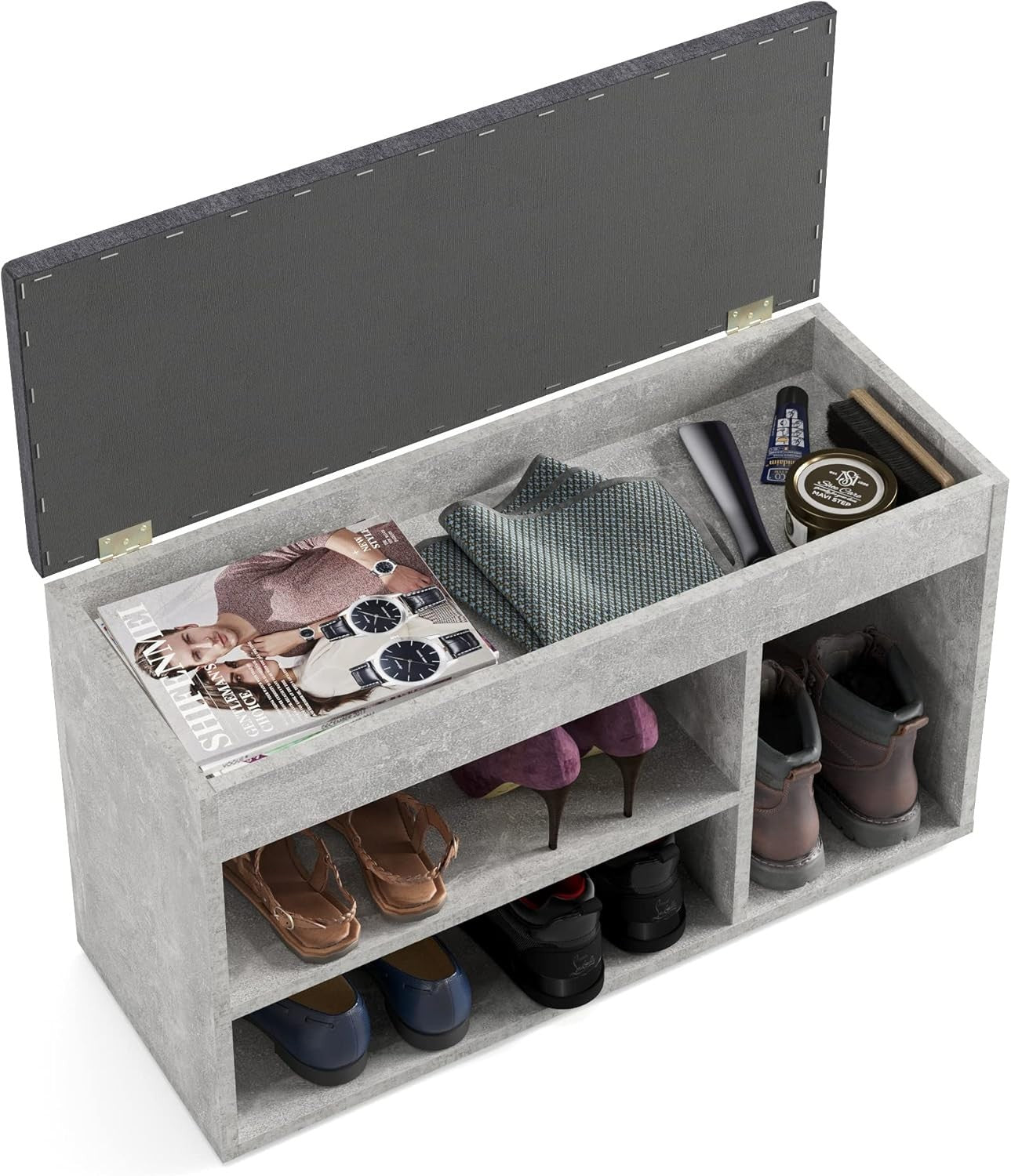 Concrete Grey Shoe Storage Bench with Cushion – Entryway Hallway Seat 80cm