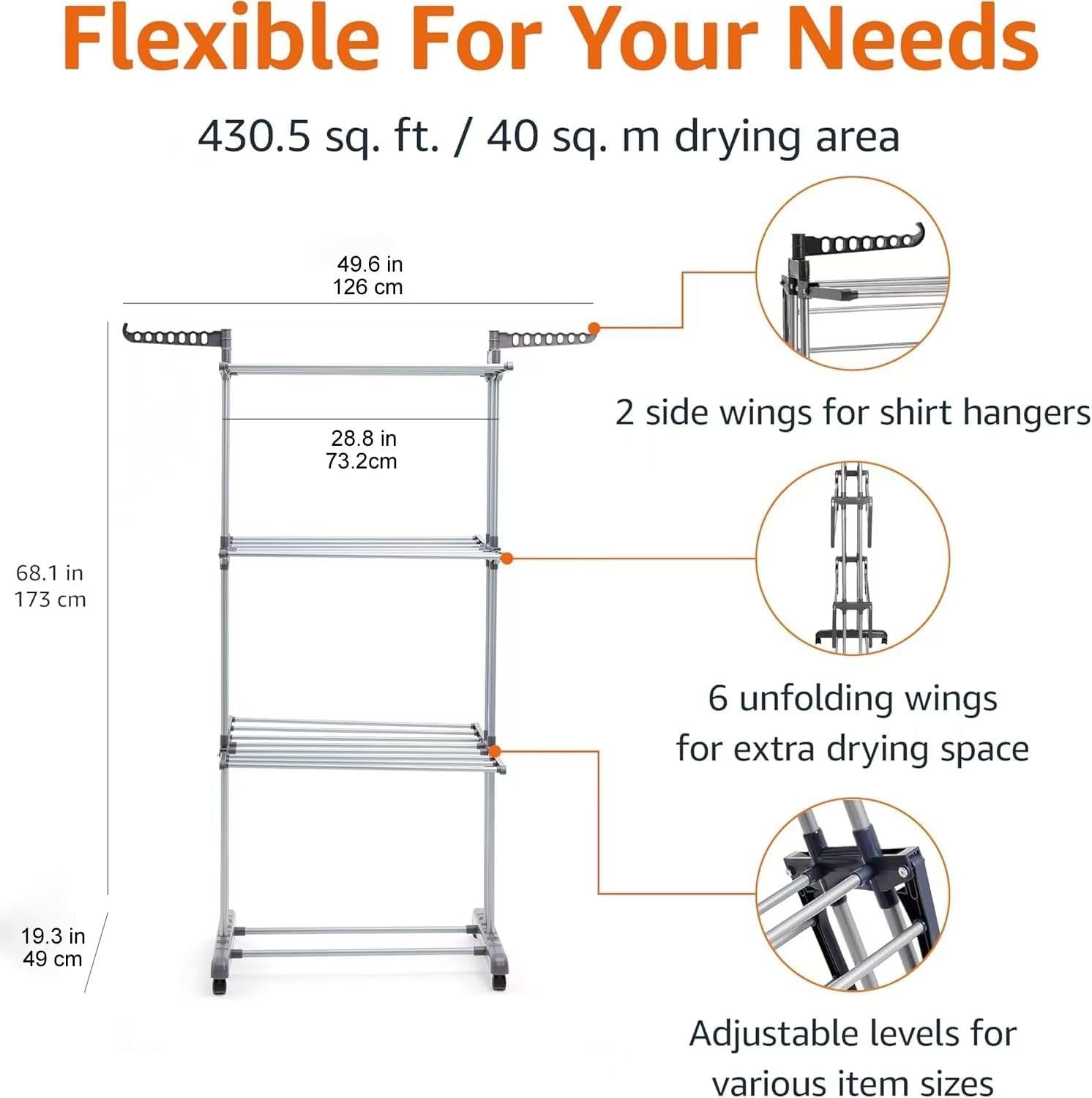 4 Tier Clothes Airer Adjustable Drying Rack Folding Wings Indoor Laundry Stand