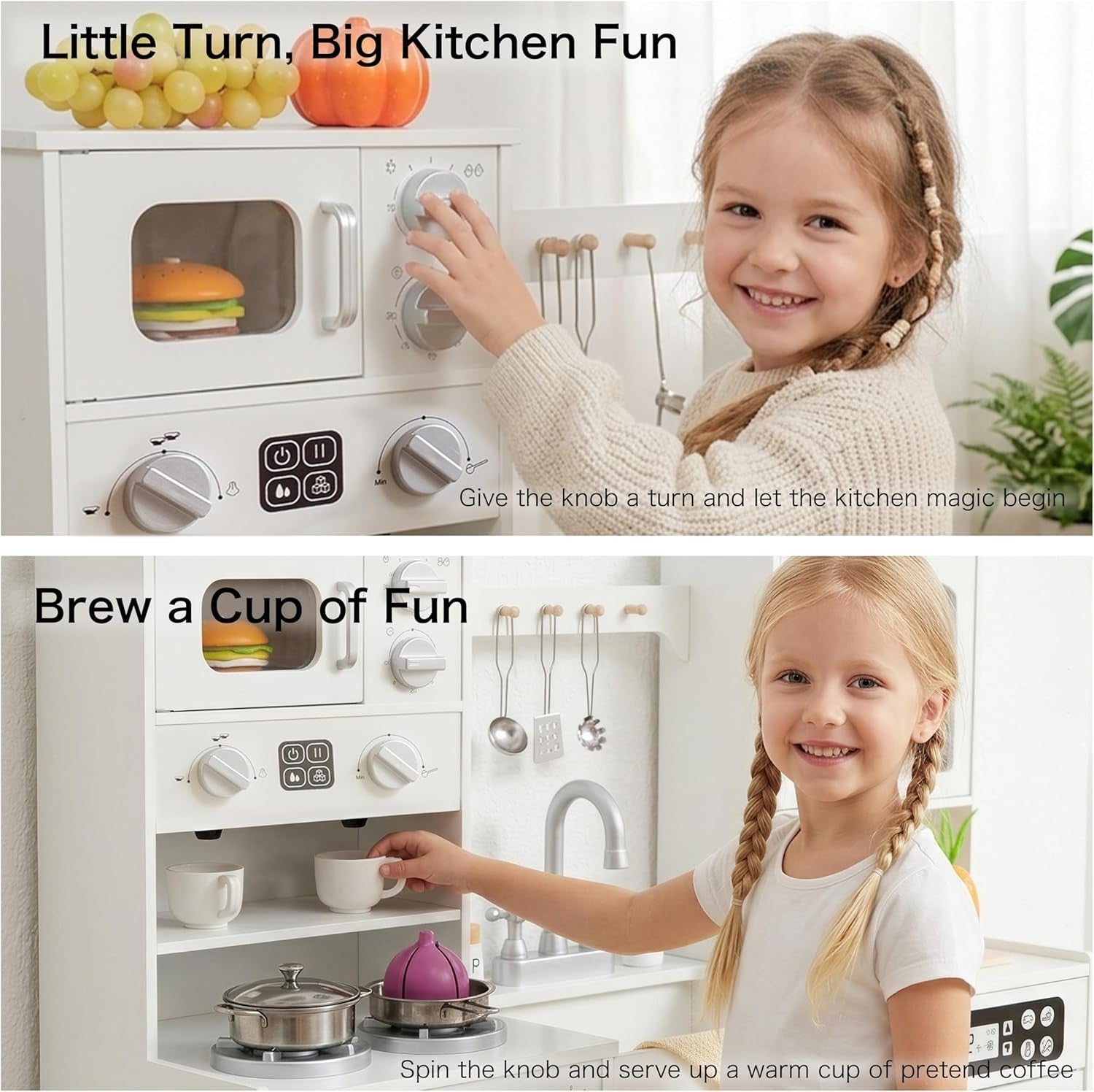 Wooden Kids Play Kitchen w/ Lights Sounds Ice Maker White Toy