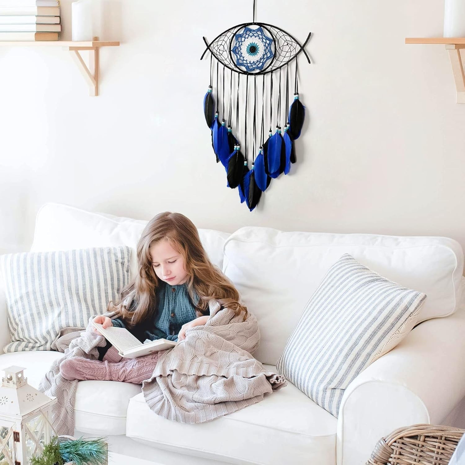 Boho Evil Eye Dream Catcher Blue Macrame Wall Hanging Decor