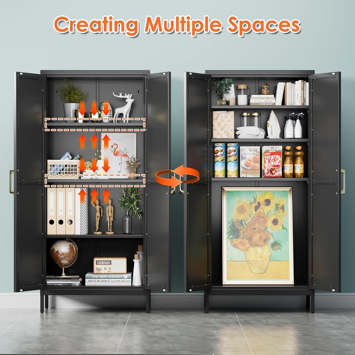 Black Metal Office Storage Cabinet 2 Doors Adjustable Shelves 155H