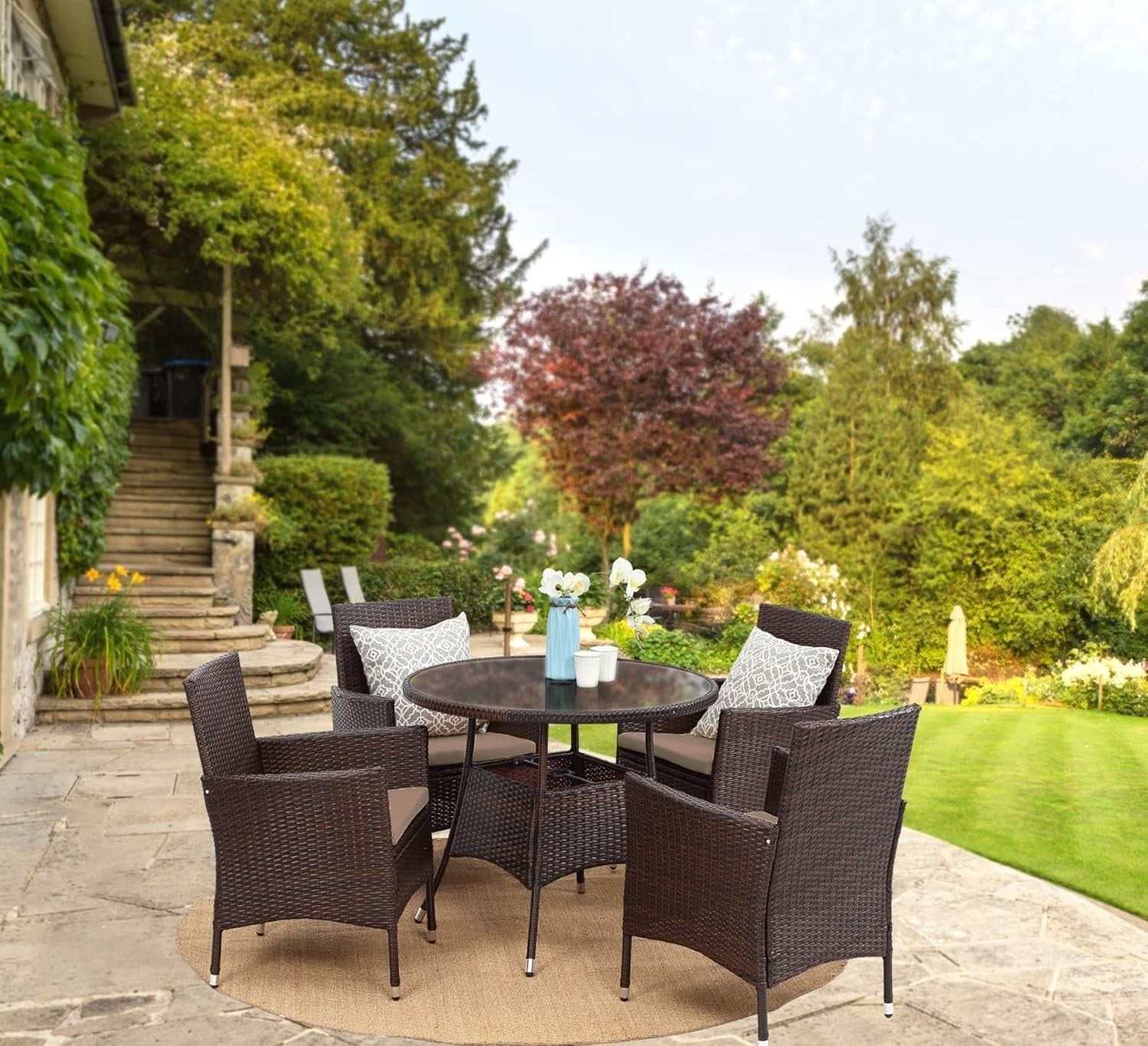 5PC Rattan Garden Dining Set w/ Parasol & Base Outdoor Patio Furniture