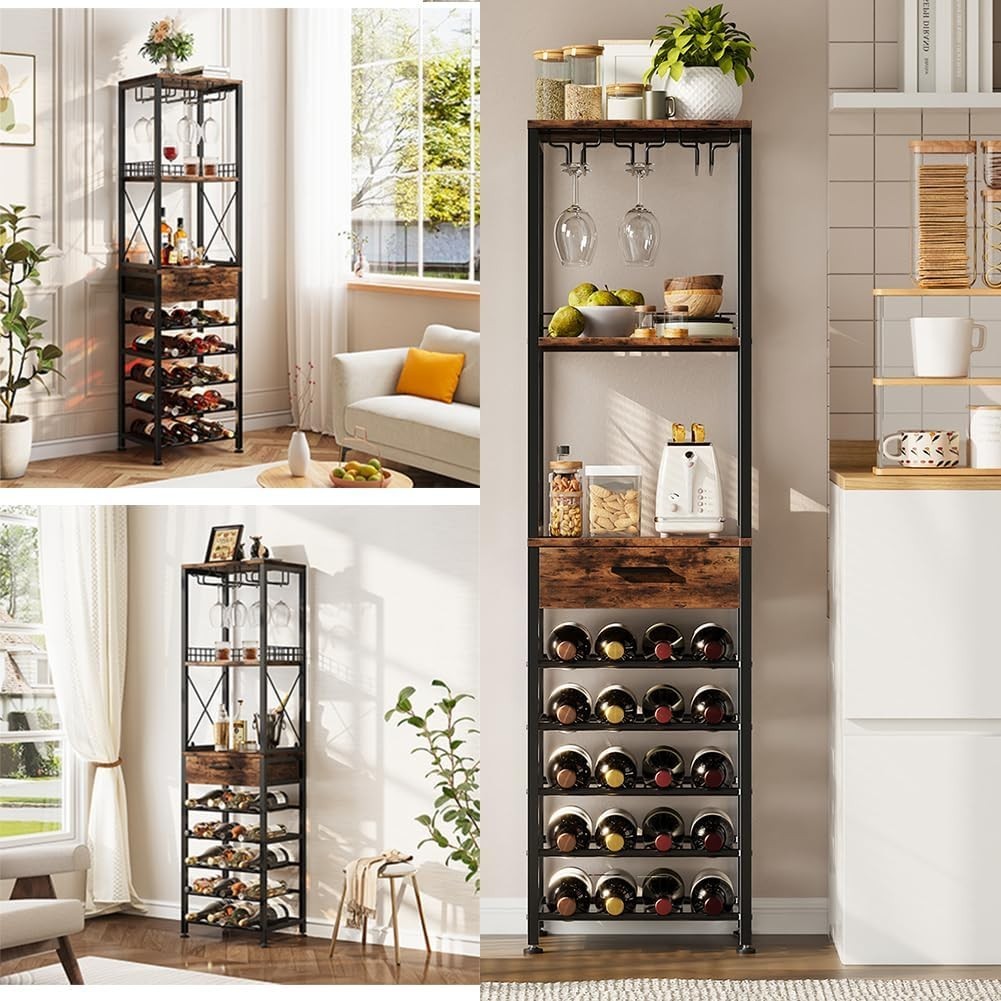 Tall Wine Rack Cabinet with Drawer & Glass Holder, 20 Bottle Storage Shelf Stand