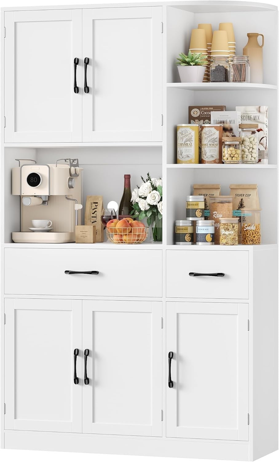 White 177cm Tall Kitchen Cupboard 5 Doors 2 Drawers Pantry Cabinet