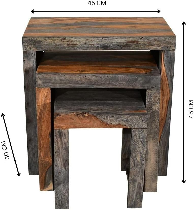 Space Saving Nesting End Tables Solid Sheesham Wood Dark Stain Cube Set of 3