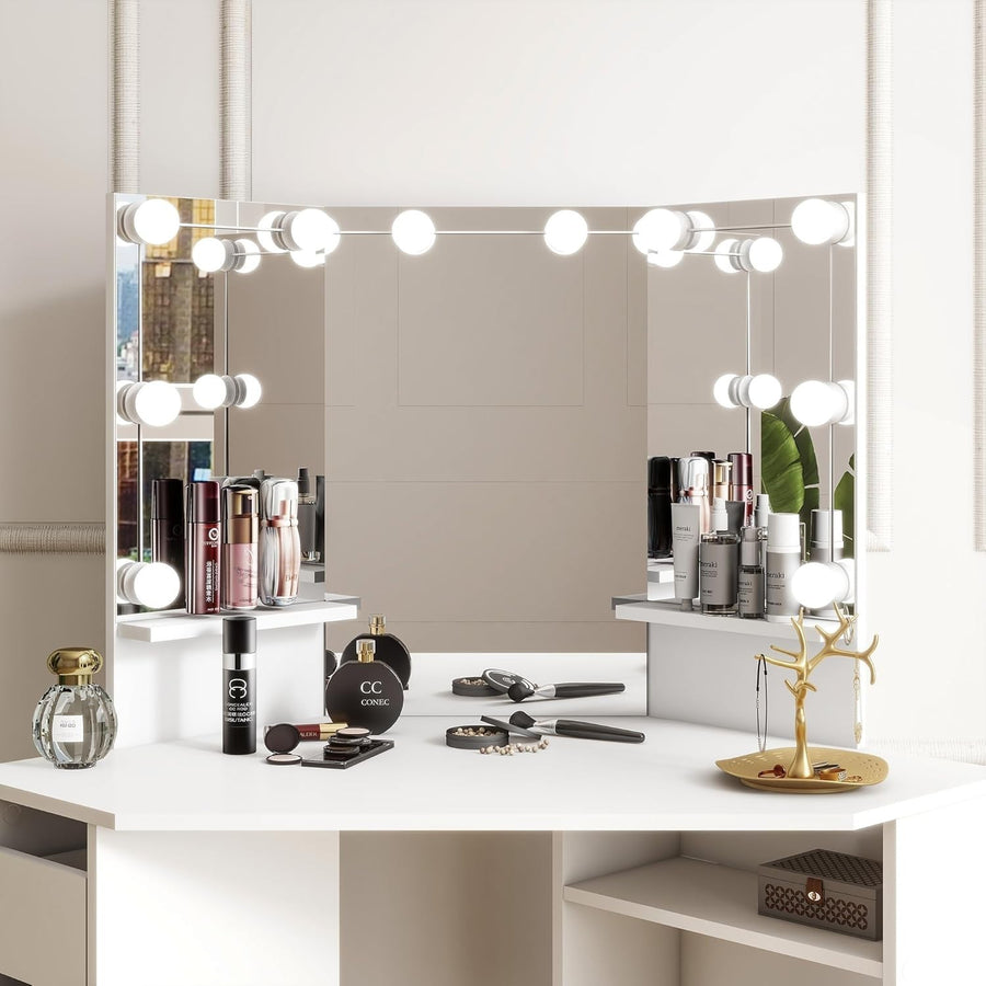 Corner Vanity Dressing Table 3 Fold Mirror 10 LED Lights 5 Drawers White/Black
