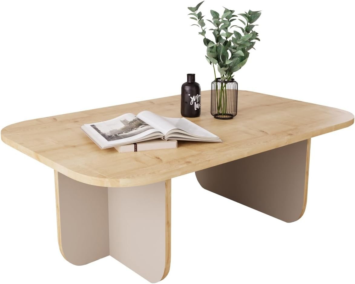 Modern Oak & Grey Coffee Table 100cm – Stylish Living Room Table with Curved Cor