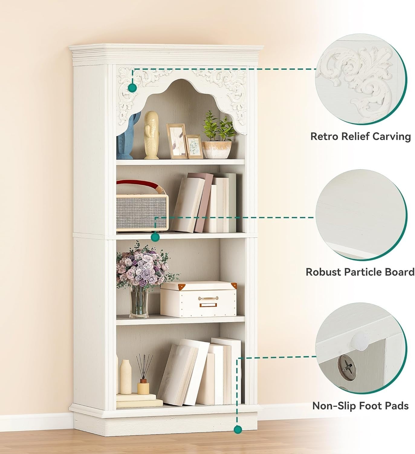 4-Tier White Upright Bookcase with Carved Design | Adjustable Shelves 140cm