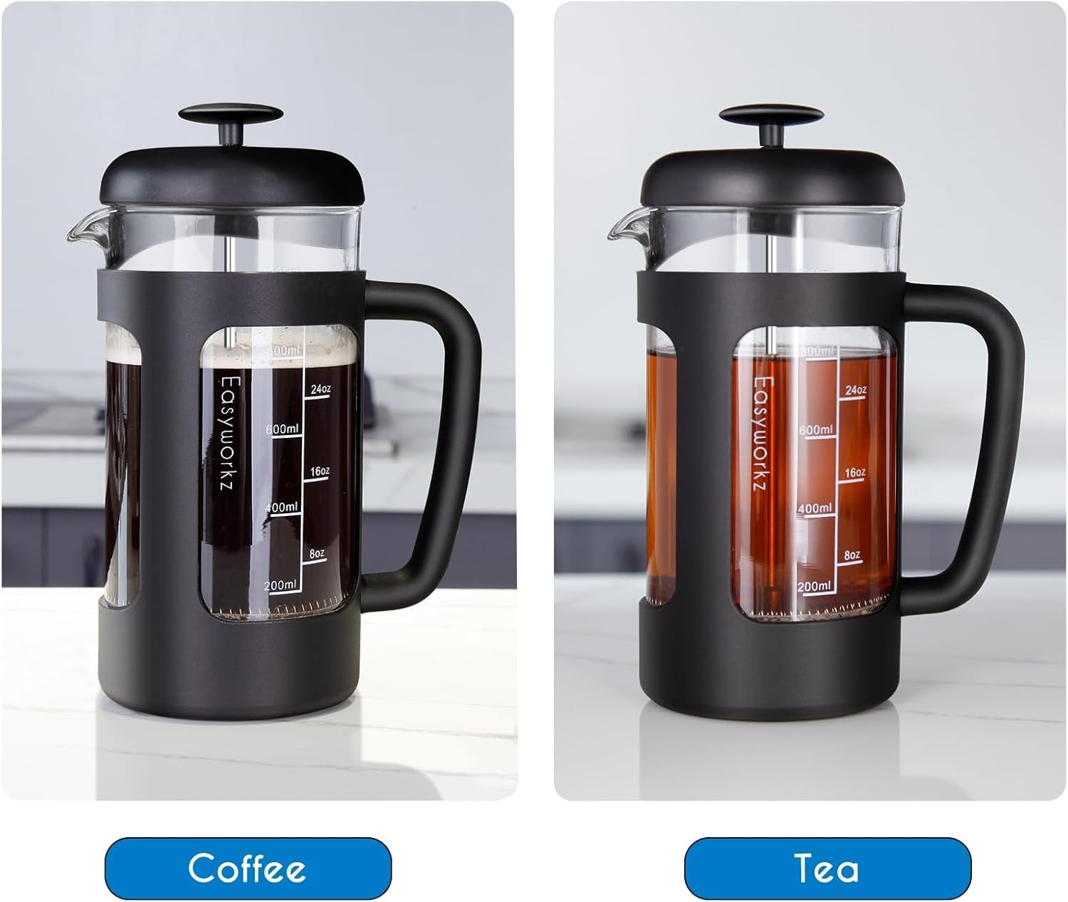 French Press Coffee Maker 1000ml Borosilicate Glass Heat-Resistant Soft-Grip