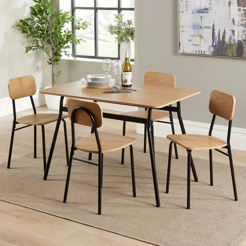 5 Piece Dining Table Set Oak MDF Top & Black Metal Frame with 4 Chairs