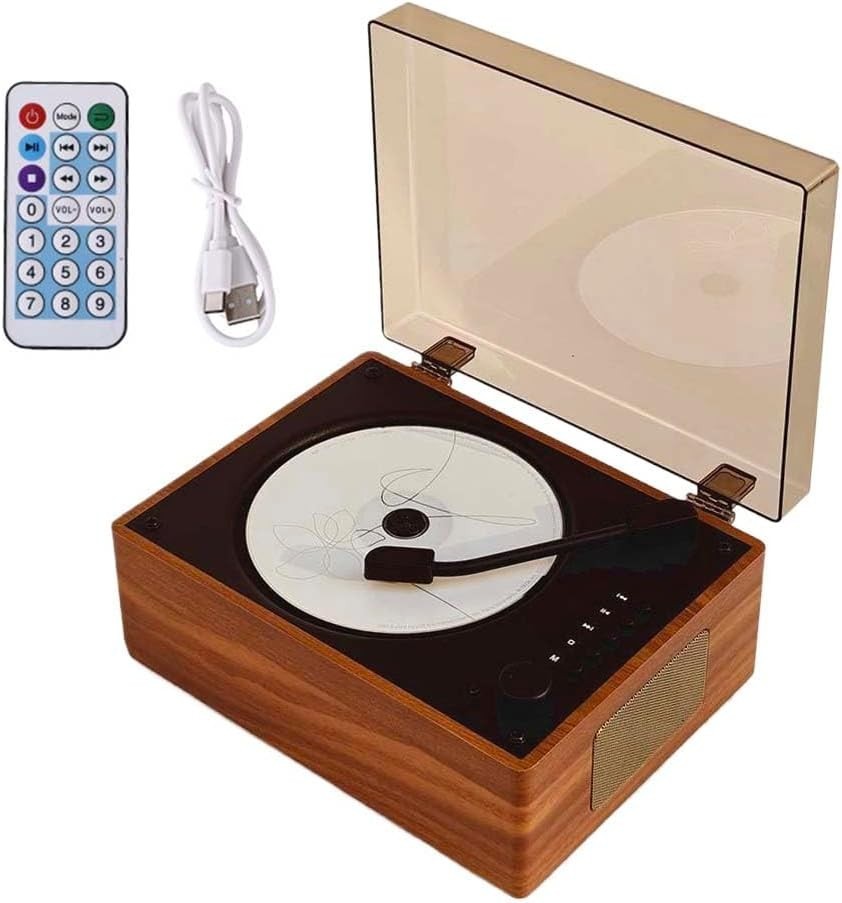 Vintage Bluetooth CD Player Speaker Remote USB AUX Rechargeable Brown