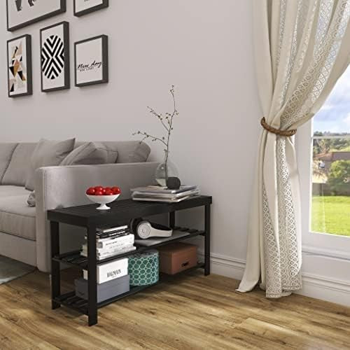 3-Tier Black Bamboo Shoe Rack Bench with Storage Shelf & Modern Design